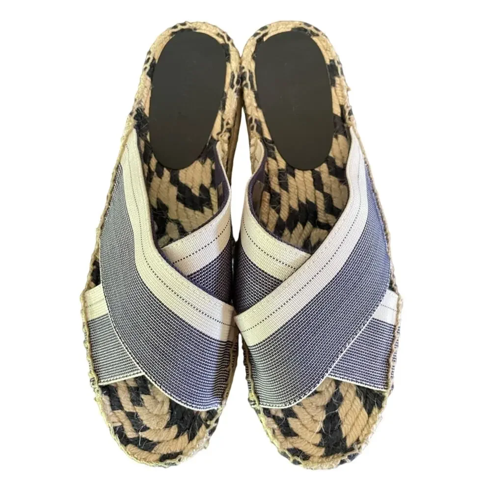 Woven Navy Cream Slip-On Espadrille Jute Platform Sandals Size 7